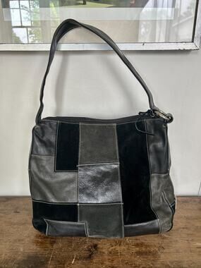 90s Patchwork Black Hobo Bag, Vintage Leather Suede Shoulder Purse